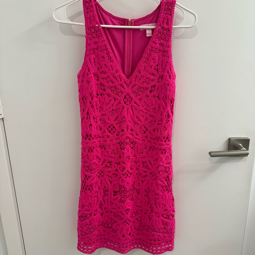 Lilly Pulitzer Astrid Shift Pop Hot Pink Knit Crochet Dress Size X-Small